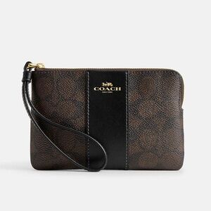 Coach Signature Brown and Black Wristlet, Corner Zip